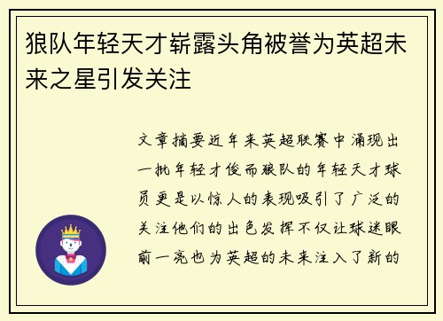 狼队年轻天才崭露头角被誉为英超未来之星引发关注