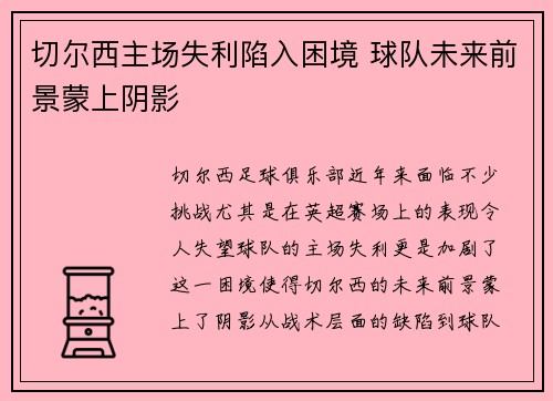 切尔西主场失利陷入困境 球队未来前景蒙上阴影