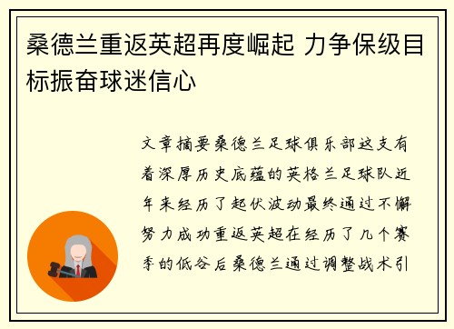 桑德兰重返英超再度崛起 力争保级目标振奋球迷信心