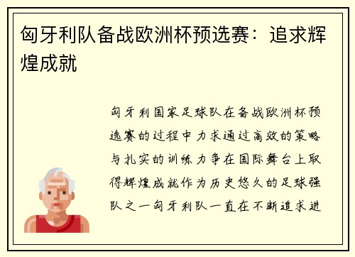 匈牙利队备战欧洲杯预选赛:追求辉煌成就